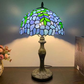 LongHuiJing Tiffany Style Table Lamp Green Leafs Blue Stained Glass Lampshade Desk Lighting 12W18H