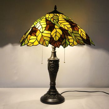 LongHuiJing 20Inch Retro Tiffany Table Lamp Stained Glass Leafs Lampshade Lights Handmade Glass Desk Lamps
