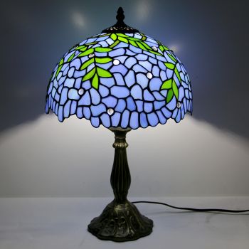 LongHuiJing 12Inch Tiffany Lamp Stained Glass Bedside Table Lamp Wisteria Blue Style Reading Desk Light 18