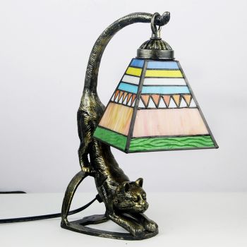 LongHuiJing Tiffany Style Table Lamp Square Stained Glass Bedside Lamps with Cat Base 15 inch Tall Vintage Antique 