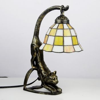 LongHuiJing Tiffany Style Table Lamp Art Stained Glass Bedside Lamps with Cat Base 15 inch Tall Vintage Antique 