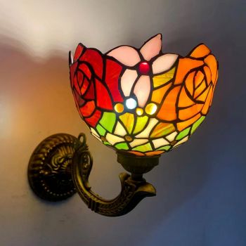LongHuiJing 8Inch Tiffany Style Wall Lamp Stained Glass Wall Sconce Lights  Handmade Decor Flush Mount LED Mirror Light 