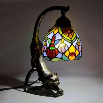 LongHuiJing Tiffany Style Table Lamp Vintage Stained Glass Bedside Lamps with Cat Base 15 inch Tall Antique 