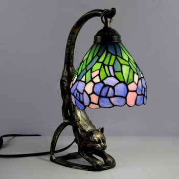 LongHuiJing Tiffany Style Table Lamp Antique Wisteria Stained Glass Bedside Lamps with Cat Base 15 inch Tall