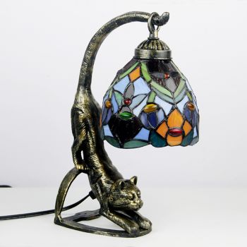 LongHuiJing Tiffany Style Table Lamp Vintage Stained Glass Bedside Lamps with Cat Base 15 inch Tall Antique 