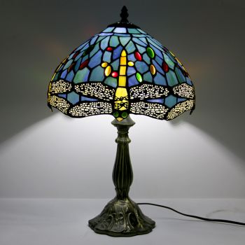 LongHuiJing 12Inch Tiffany Lamp Stained Glass Bedside Table Lamp Antique Dragonfly Style Reading Desk Light 18" Tall