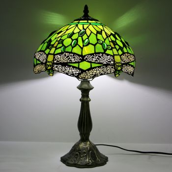 LongHuiJing 12Inch Tiffany Lamp Stained Glass Bedside Table Lamp Dragonfly Green Style Reading Desk Light 18