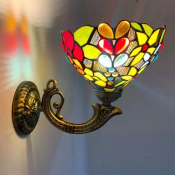 LongHuiJing 8Inch Tiffany Style Wall Lamp Stained Glass LED Wall Sconce Lights Handmade Decor Flush Mount Mirror Light