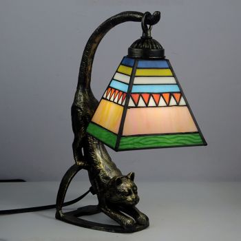 LongHuiJing Tiffany Style Table Lamp Square Stained Glass Bedside Lamps with Cat Base 15 inch Tall Vintage Antique 