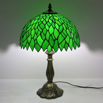 LongHuiJing 12Inch Tiffany Lamp Stained Glass Bedside Table Lamp Leafs Green Style Reading Desk Light 18" Tall
