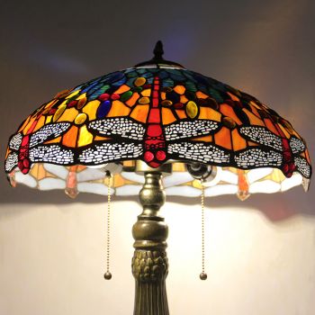 LongHuiJing 18Inch Retro Tiffany Table Lamp Red Dragonfly Stained Glass Lampshade Lights Handmade Glass Desk Lamps