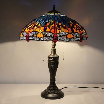 LongHuiJing 18Inch Retro Tiffany Table Lamp Stained Glass Red Dragonfly Lampshade Lights Handmade Glass Desk Lamps