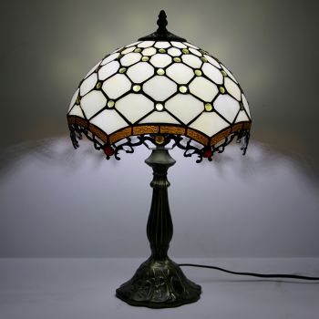 LongHuiJing 12Inch Tiffany Lamp Stained Glass Bedside Table Lamp Beads White Style Reading Desk Light 18" Tall