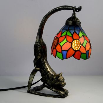 LongHuiJing Tiffany Style Table Lamp Sunflower Stained Glass Bedside Lamps with Cat Base 15 inch Tall Vintage Antique 