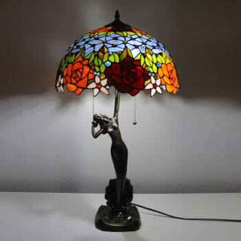 LongHuiJing 16Inch Tiffany Lamp Table Lamp Antique Rose Stained Glass Luxurious Banker Memory Lamp Unique Copper Base