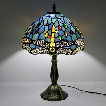 LongHuiJing 12Inch Tiffany Lamp Stained Glass Bedside Table Lamp Antique Dragonfly Style Reading Desk Light 18" Tall