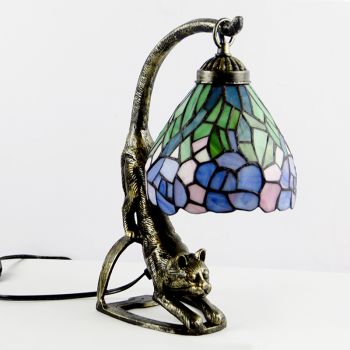 LongHuiJing Tiffany Style Table Lamp Antique Wisteria Stained Glass Bedside Lamps with Cat Base 15 inch Tall
