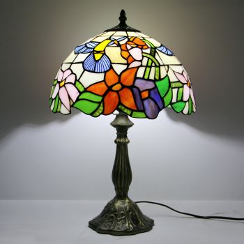 LongHuiJing 12Inch Tiffany Lamp Stained Glass Bedside Table Lamp Birds Flower Style Reading Desk Light 18