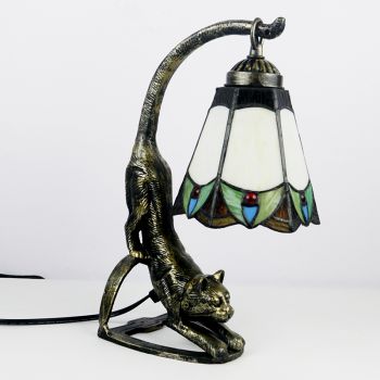 LongHuiJing Tiffany Style Table Lamp Nightstand Stained Glass Bedside Lamps with Cat Base 15 inch Tall