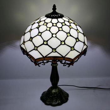 LongHuiJing 12Inch Tiffany Lamp Stained Glass Bedside Table Lamp Beads White Style Reading Desk Light 18" Tall