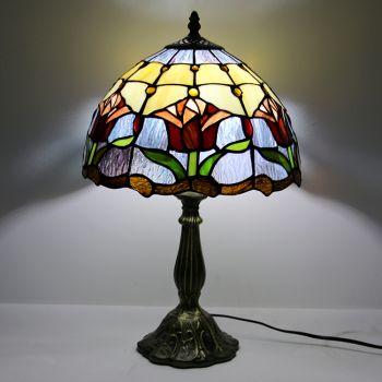 LongHuiJing 12Inch Tiffany Lamp Stained Glass Bedside Table Lamp Red Tulip Decor Style Reading Desk Light 18