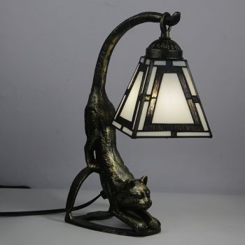 LongHuiJing Tiffany Style Table Lamp Antique Stained Glass Bedside Lamps with Cat Base 15 inch Tall Vintage 