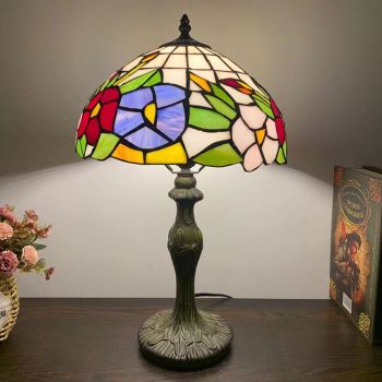 LongHuiJing Tiffany Style Table Lamp Flower Stained Glass Lampshade Desk Lighting 12W18H