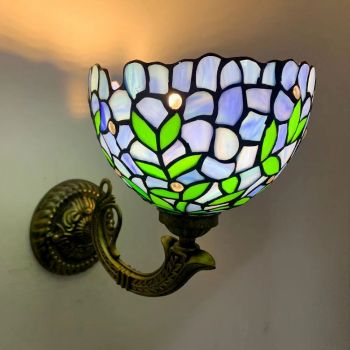 LongHuiJing 8Inch Tiffany Style Wall Lamp Stained Glass Blue Wall Sconce Lights Handmade Decor Flush Mount LED Light