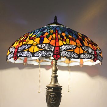 LongHuiJing 18Inch Retro Tiffany Table Lamp Stained Glass Red Dragonfly Lampshade Lights Handmade Glass Desk Lamps