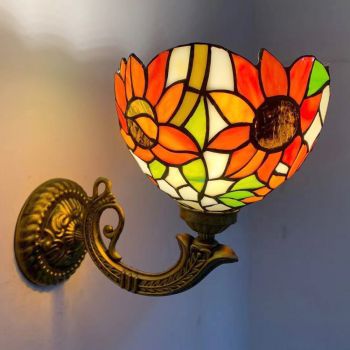 LongHuiJing 8Inch Tiffany Style Wall Lamp Stained Glass Sunflower Wall Sconce Lights Handmade Decor Flush Mount Light
