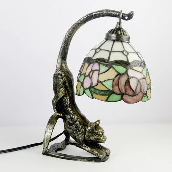 LongHuiJing Tiffany Style Table Lamp Rose Stained Glass Bedside Lamps with Cat Base 15 inch Tall Vintage Antique 