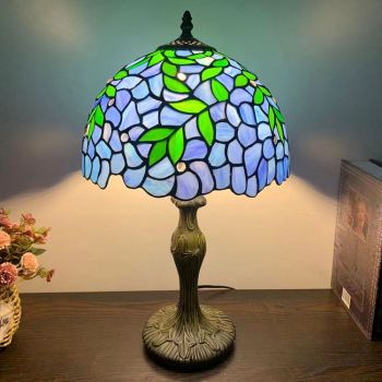 LongHuiJing Tiffany Style Table Lamp Green Leafs Blue Stained Glass Lampshade Desk Lighting 12W18H