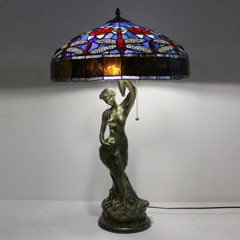 LongHuiJing Tiffany Style Table Lamp Stained Glass Lampshade Rose Bedside Lamp Woman Base Decorated Lamp 16Inch