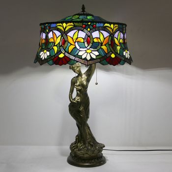 LongHuiJing Tiffany Style Table Lamp Flowers Stained Glass Lampshade Bedside Lamp Woman Base Decorated Lamps 19.7Inch