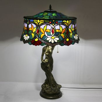 LongHuiJing Tiffany Style Table Lamp Flowers Stained Glass Lampshade Bedside Lamp Woman Base Decorated Lamps 19.7Inch