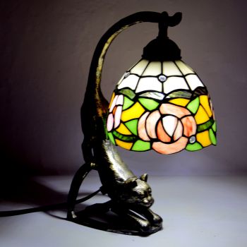 LongHuiJing Tiffany Style Table Lamp Rose Stained Glass Bedside Lamps with Cat Base 15 inch Tall Vintage Antique 