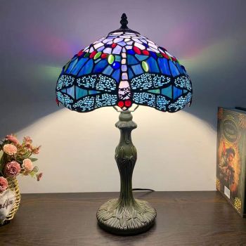 LongHuiJing Tiffany Style Table Lamp Dragonfly Blue Purple Stained Glass Lampshade Desk Lighting 12W18H