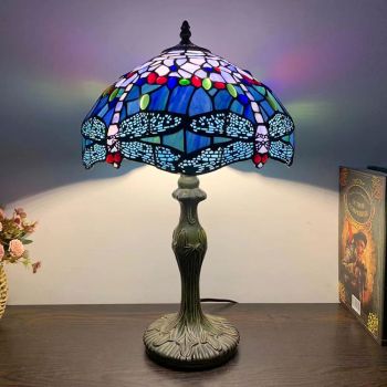 LongHuiJing Tiffany Style Table Lamp Dragonfly Blue Purple Stained Glass Lampshade Desk Lighting 12W18H