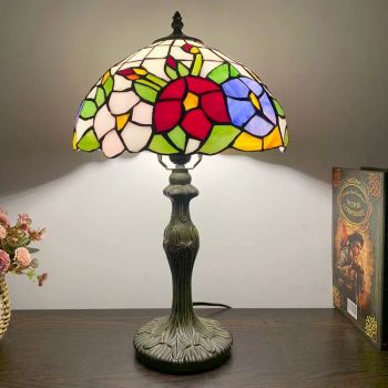 LongHuiJing Tiffany Style Table Lamp Flower Stained Glass Lampshade Desk Lighting 12W18H