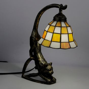 LongHuiJing Tiffany Style Table Lamp Art Stained Glass Bedside Lamps with Cat Base 15 inch Tall Vintage Antique 