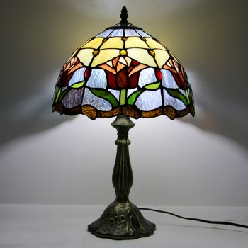LongHuiJing 12Inch Tiffany Lamp Stained Glass Bedside Table Lamp Red Tulip Decor Style Reading Desk Light 18