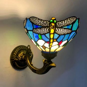 LongHuiJing 8Inch Tiffany Style Wall Lamp Dragonfly Stained Glass Wall Sconce Lights Handmade Flush Mount Mirror Light