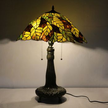 LongHuiJing 20Inch Retro Tiffany Table Lamp Stained Glass Leafs Lampshade Lights Handmade Glass Desk Lamps