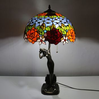 LongHuiJing 16Inch Tiffany Lamp Table Lamp Antique Rose Stained Glass Luxurious Banker Memory Lamp Unique Copper Base
