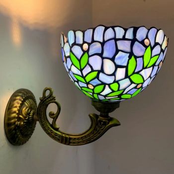 LongHuiJing 8Inch Tiffany Style Wall Lamp Stained Glass Blue Wall Sconce Lights Handmade Decor Flush Mount LED Light