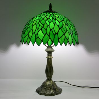 LongHuiJing 12Inch Tiffany Lamp Stained Glass Bedside Table Lamp Leafs Green Style Reading Desk Light 18" Tall