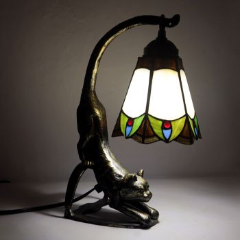 LongHuiJing Tiffany Style Table Lamp Nightstand Stained Glass Bedside Lamps with Cat Base 15 inch Tall