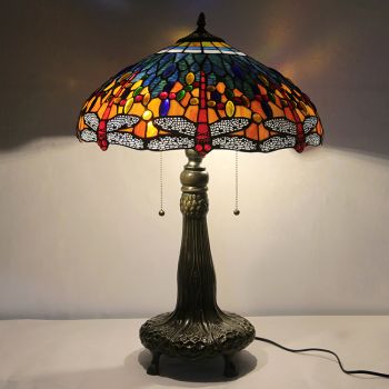 LongHuiJing 18Inch Retro Tiffany Table Lamp Red Dragonfly Stained Glass Lampshade Lights Handmade Glass Desk Lamps
