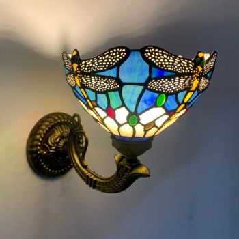 LongHuiJing 8Inch Tiffany Style Wall Lamp Dragonfly Stained Glass Wall Sconce Lights Handmade Flush Mount Mirror Light