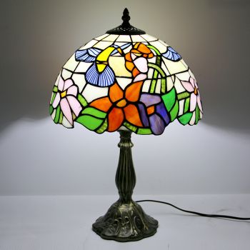 LongHuiJing 12Inch Tiffany Lamp Stained Glass Bedside Table Lamp Birds Flower Style Reading Desk Light 18